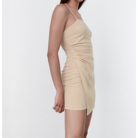 ZARA Linen Blend Mini Dress Small Tan Strappy Ruched Draped Asymmetrical EUC - Picture 2 of 11